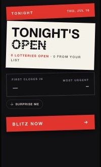 Tonight's open lotteries screen with a blitz button to enter them all