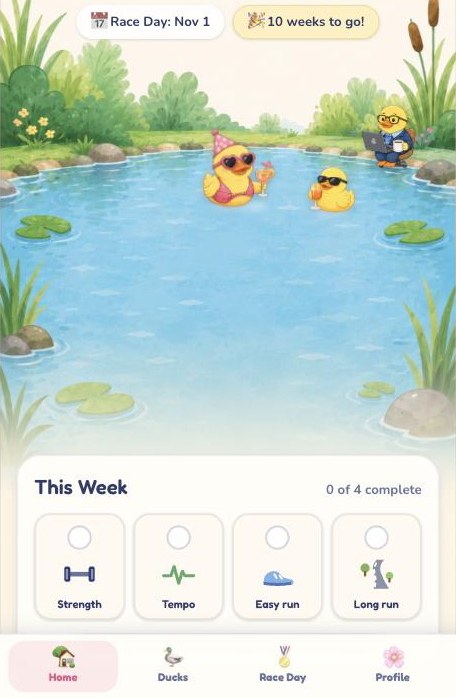 Duckathon home screen: an illustrated pond with celebrating ducks and the week's workouts below
