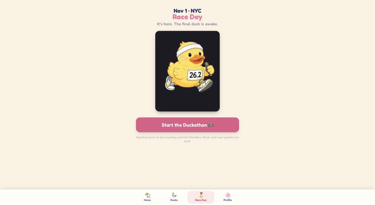 Race day screen: Nov 1 NYC, the Marathon Duck wearing a 26.2 race bib, and a start button that opens live tracking