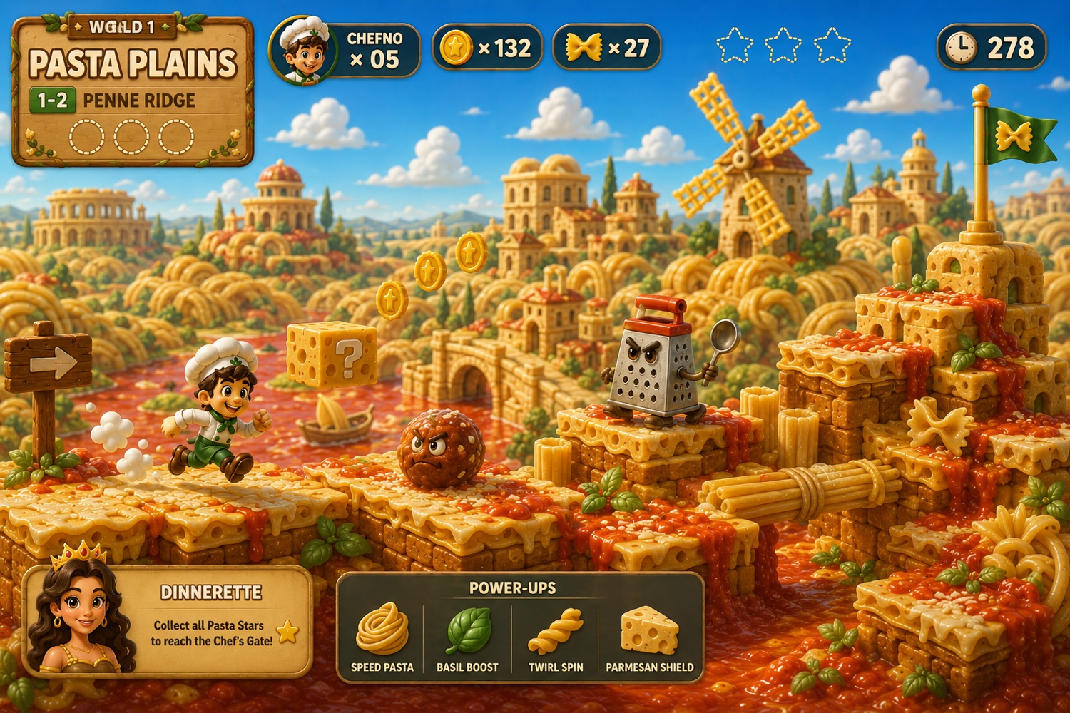 Gameplay design frame: a chef running through Pasta Plains past a cheese-grater enemy, with HUD, power-ups, and a marinara river