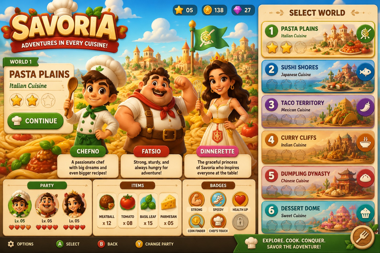 Savoria title screen design: the logo over Pasta Plains, the three chefs, and a six-world select rail
