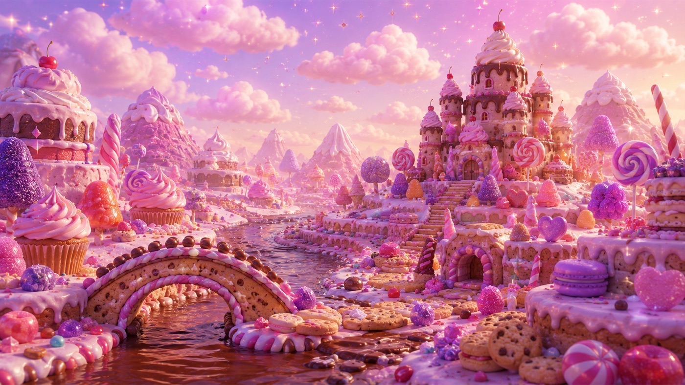 Dessert Dome: a candy castle world with a chocolate river and cookie bridge