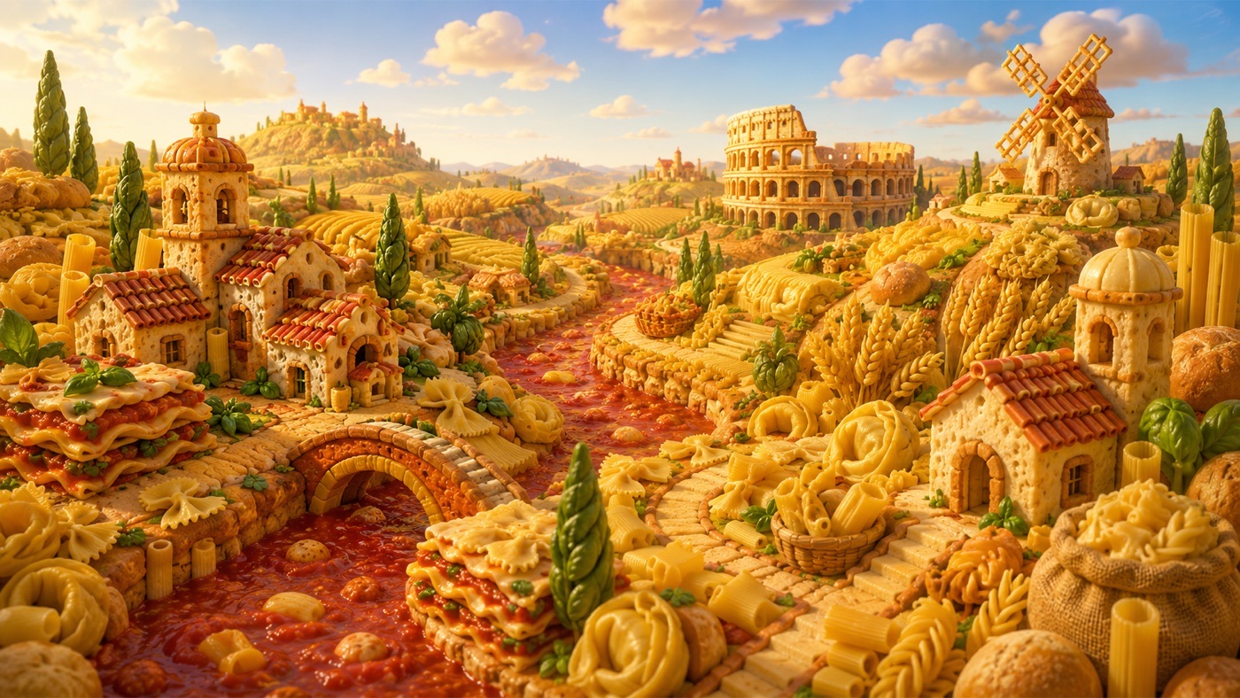 Pasta Plains: a painted world of lasagna hills, farfalle fields, and a marinara river