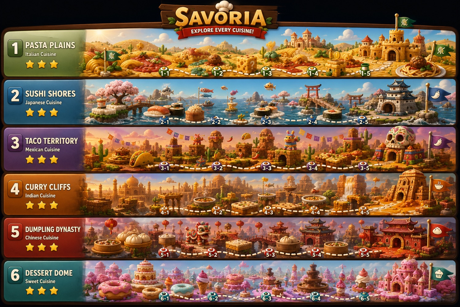World map design: all six food worlds from Pasta Plains to Dessert Dome, five levels each