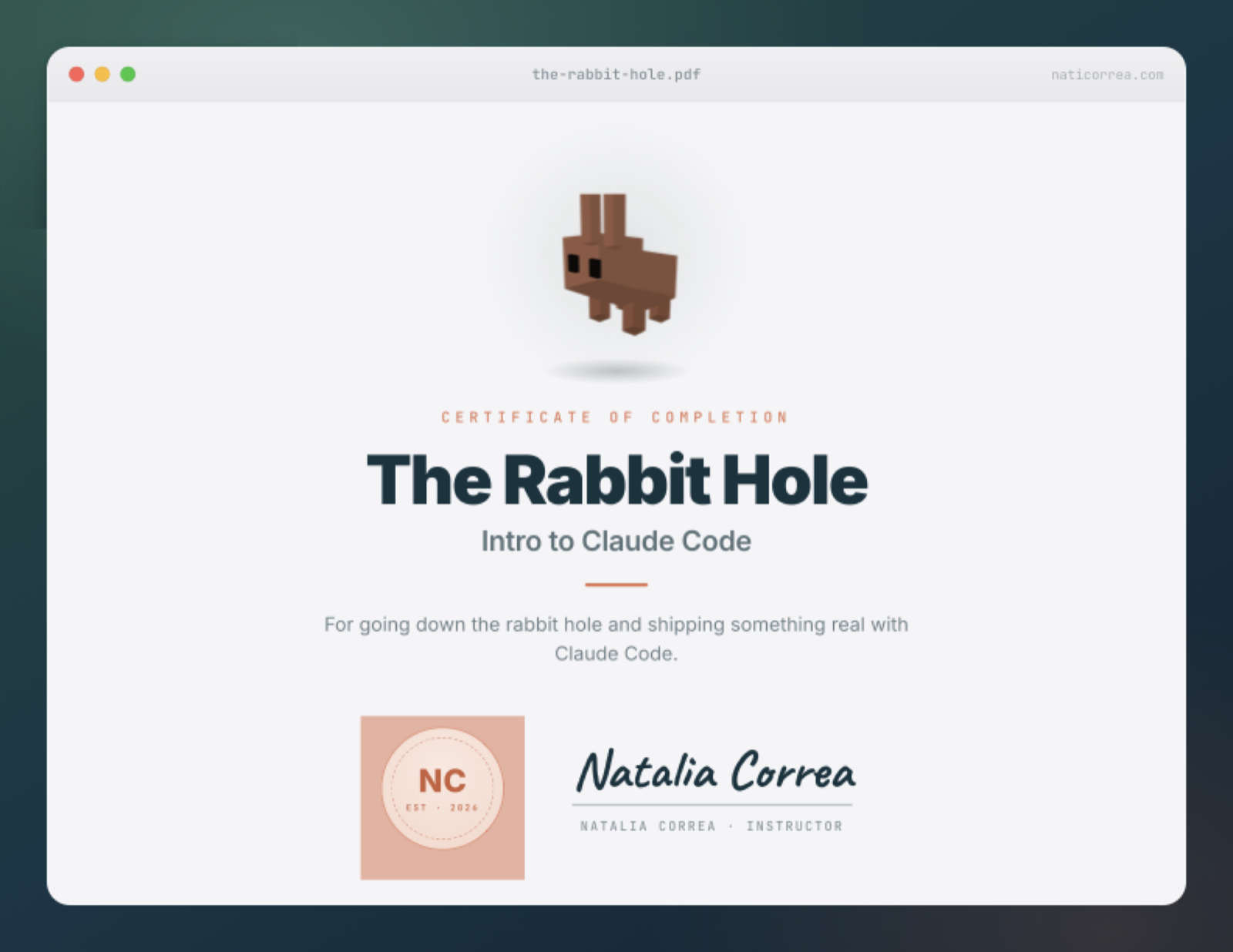 The Rabbit Hole certificate of completion, signed by Natalia Correa
